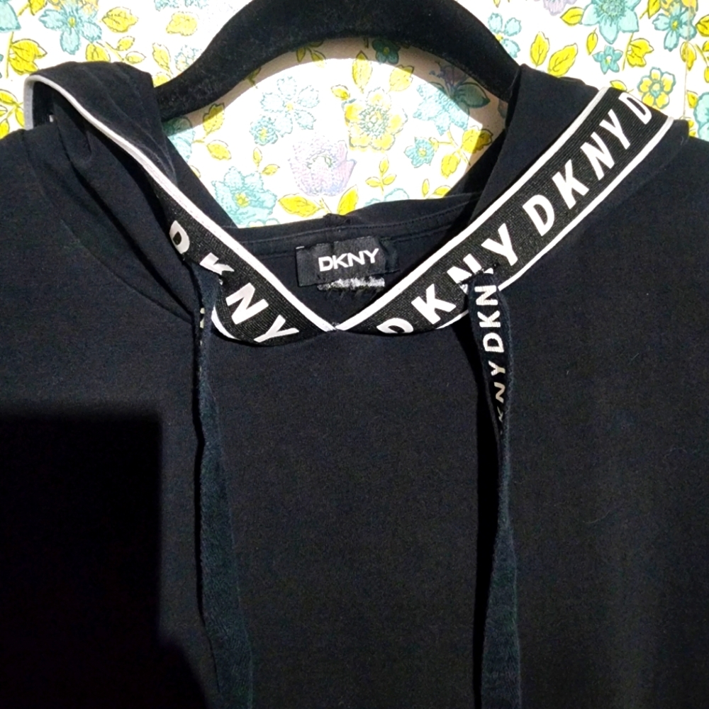 Y2K Style DKNY Shirt Dress Womens Sz Medium Black White Logo Hooded Short Sleeve